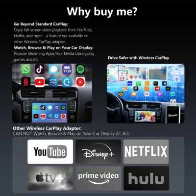 Wireless CarPlay Adapter with Wired DP Video Streaming for Net-Flix YouTube TikTok, Screen Mirroring for iOS & Android, Voice Control Navigation Music Calls, Compatible with Wired CarPlay Gray - Image 7