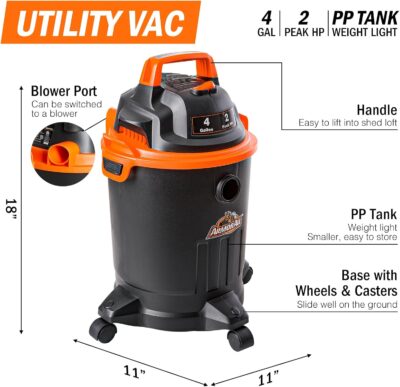 Armor All VO405P 0901 4 Gallon Wet/Dry Vac 2.0 Peak HP Shop Vacuum with Nozzles & Brush,Black/Orange - Image 2