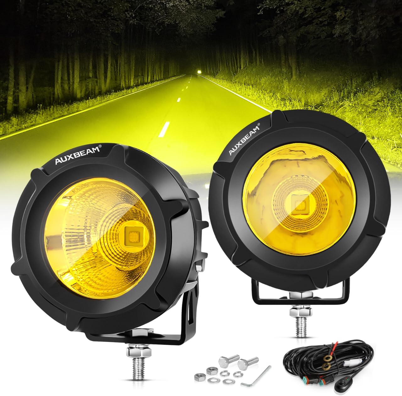 71oEkMSHgFL._AC_SL1280_.jpg Auxbeam Amber Fog Lights, 3.5 Inch 50W Round Led Offroad Light 5000LM Yellow Round Led Pods with Wiring Harness Kit, Spot Flood Combo Driving Lights for Truck ATV UTV Motorcycle Off-Roading - Image 1