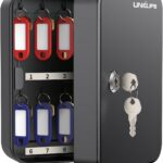 Uniclife 20 Position Key Cabinet with Key Lock Wall Mounted Black Security Storage Box Steel Key Organizer with Colorful Key Tag Labels Stickers and Hooks