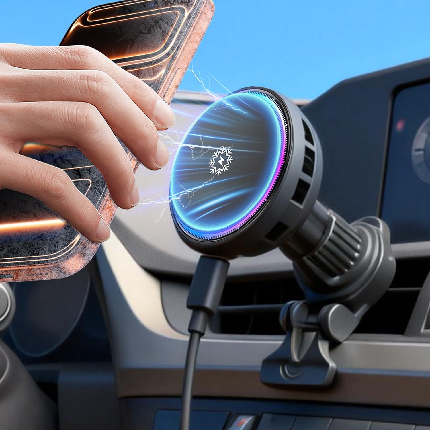 71oTx5fFqdL._AC_SL1500_.jpg 2026 Upgrade TEC & Fan Dual Cooling Magnetic Wireless Car Charger, For Magsafe Car Charger Mount, RGB, Air Vent 15W Fast Wireless Charging Car Phone Holder for iPhone 17/16/15/14/13/12, Samsung &Pixel - Image 1