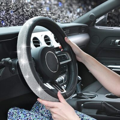 CAR PASS Bling Diamond Leather Steering Wheel Cover, with Bling Sparkly Crystal Glitter Rhinestones Universal Fit 14.5in-15in Car Wheel Protector for Women Girl Fit Suvs,Vans,Sedans,Car,Trucks, Silver - Image 8