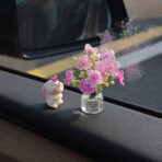 Generic Set of 2 Cute Mini Bunny and Peach Blossom in Flower Vase Car Rearview Mirror Ornaments Funny Dashboard Decorations Kawaii Car Interior Accessories for Women Gifts