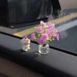 Generic Set of 2 Cute Mini Bunny and Peach Blossom in Flower Vase Car Rearview Mirror Ornaments Funny Dashboard Decorations Kawaii Car Interior Accessories for Women Gifts
