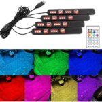 Car Interior LED Light, 4 in 1 RGB Vehicle Underdash Ambient Lighting Kit with Music Sync & APP/Remote Control, USB Port Auto Inside Footwell Decoration Lamp, Universal Fit