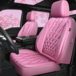 CAR PASS Piping Luxury Leather Two Front Car Seat Covers, Cute Girly Waterproof Anti Slip Seat Covers Compatible with Front Seat Armrests,Universal Fit for Suvs,Vans,Trucks,Airbag Compatible(All Pink)