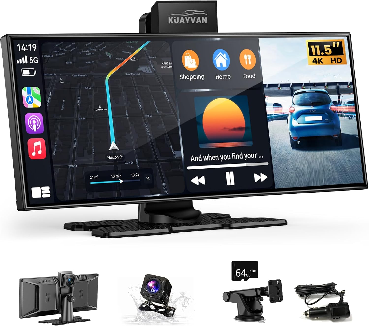 71orZHWa3-L._AC_SL1500_.jpg Largest 11.5"Wireless CarPlay Screen for Car,Portable A-pple Car Play & Android Auto,HD Touchscreen with 4K Dash Cam,Backup Camera,Bluetooth, Navigation,Voice Control,GPS,Mirror Link, for All Vehicles - Image 1