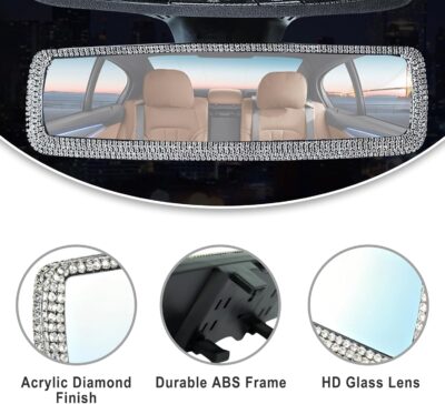Bling Rhinestone Rearview Mirror, Car Interior Clip-on Rear View Accessories Decorations Panoramic Rear View Mirror with Bling Rhinestones Crystal Diamonds Edge for SUV, Truck - Image 3