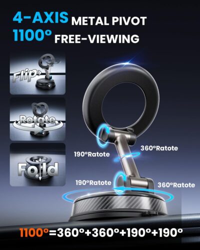 Upgraded Car Phone holder for Magsafe [120LBS Suction Cup & 3000gf Magnet ] 1100° Adjustable Vacuum Magnetic Phone Holders for Your Car, Dashboard Car Mount Bracket for iPhone & Android, Carbon Fiber - Image 3