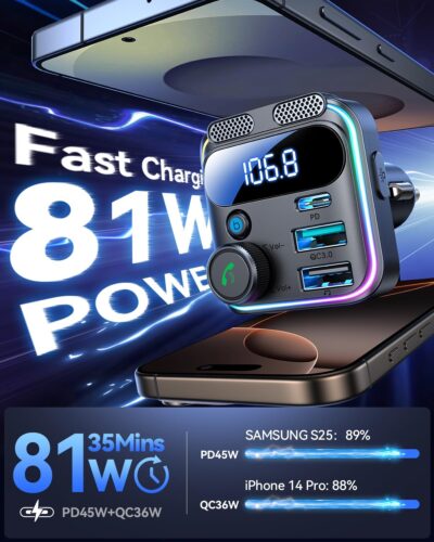 JOYROOM Bluetooth 5.4 Car Adapter FM Transmitter 81W Bluetooth Cigarette Lighter Adapter [PD45W&QC36W] Fast Charging Dual Mics HiFi Bass LED Display Wireless Radio Hands-Free Calling Support USB Drive - Image 8