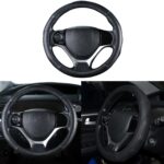 QianBao Genuine Leather Car Steering Wheel Cover Black for 13.5 to 14.2 inches Steering Wheels, Sweat Absorbent (Black)