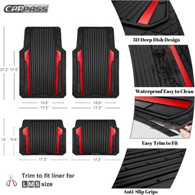 CAR PASS Heavy Duty Rubber Car Mats Metallic, Aluminum Film All Weather Floor Mats Waterproof Universal Trim to Fit Automotive SUV Sedan Van 4 Piece Anodized Deep Dish Two-Tone Sporty Black Red Chrome - Image 4