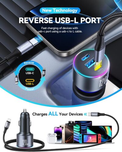 120W Fast Car Charger for iPhone 14 13 12 11-17 Pro Max Plus Mini SE XR XS X 8 7 6, iPad, PD 100W Super Fast Charging & Ultra-Compact Adapter Cigarette Lighter with [USB L Cable to USB C] and USB-C&A - Image 3
