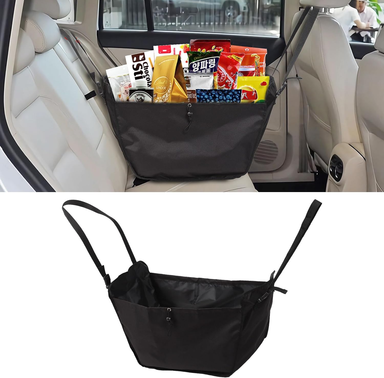 71pXQrHfWML._AC_SL1500_.jpg Car Seat Organizer - Large Capacity Passenger Seat Storage Travel Bag, Portable, Foldable and Collapsible Miscellaneous Car Hanging Bags, Reusable Shopping Tote with Drawstrings - Image 1