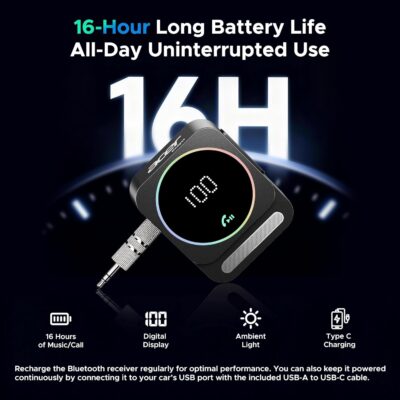 Acer Gadget Bluetooth Receiver for Car/Home/Wired Headphones, 3.5mm AUX, Drive & Listen Wirelessly, 16H Battery, Noise Cancellation, Auto Connect & Dual Pairing - Black - Image 3