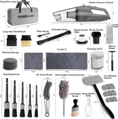 THINKWORK Car Cleaning Kit, Car Detailing Kit Interior Cleaner with High Power Handheld Vacuum, 10Pcs Detailing Brush and Storage Bag, Gray Auto Interior Cleaning Kit for Men - Image 8