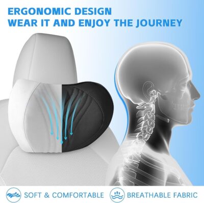Universal Car Neck Pillow, Memory Foam Car Headrest Pillow for Neck Support, Breathable Removable Cover & Adjustable Strap, Ergonomic Design for Driving Comfort, Neck Pain Relief, Travel (Light Grey) - Image 3
