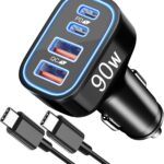 90W 4-Port USB C Super Fast Car Charger for Samsung Galaxy S26/S25/S24/S23/S22 Ultra, iPhone 17/16/15 Pro Max, Android, Type C Fast Charging Car Phone Charger Adapter Accessories + 3FT USB-C Cable