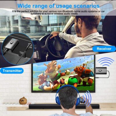 Bluetooth Car Adapter, Mini Bluetooth 5.0 Stereo Transmitter Receiver, Wireless 3.5mm Aux Jack Hands-Free Calls Kit Audio Adapter Built-in Mic for Car Speaker, Home Stereo, Headphones, PC,TV More - Image 7