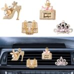 4PCS Bling Car Air Vent Clip, Crystal Rhinestone Heels Bag Crown Perfume Bottle Dashboard Air Vent Trim Clips, Car Interior Outlet Diffuser Decoration Accessory for Women (Gold)