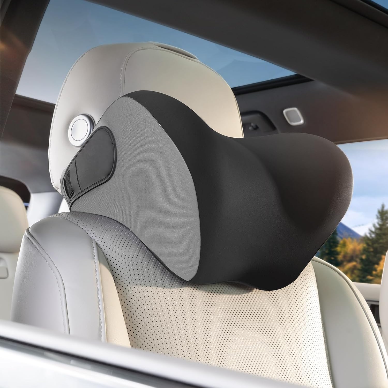 71qBukuBT3L._AC_SL1500_.jpg BEBAS Car Headrest Pillow, Memory Foam Neck Support Pillow for Cars - Ergonomically Designed for Long Drives, Travel & Commuting, Pain Relief with Removable & Washable Cover (Black Gray, 1-Pack) - Image 1