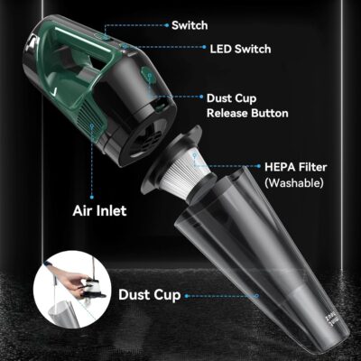 Minthouz Handheld Vacuum Cordless, Strong Suction Car Vacuum Cleaner with LED Light, Long Runtime Hand Vacuum Cordless Rechargeable, Hand Held Vac with Charging Base for Home/Car/Pet/Office - Image 8