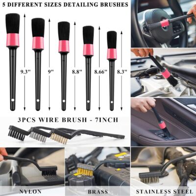 AUTODECO 39Pcs Car Cleaning Wash Kit Interior Detailing Cleaner Kit with High Power Handheld Vacuum, Brush Set, Windshield Tool, Duster, Towels, Tire Brush, Complete Car Care Tools, Pink - Image 4