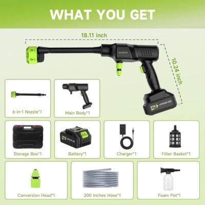 Cordless Pressure Washer 260W,Portable Electric Power Washer with 6-in-1 Nozzle,700PSI High-Pressure Handheld Washer for Car Floor Yard Patio Garden Fence,10×1200mAh Battery,17FT Hose (L) - Image 8