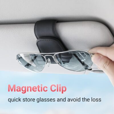 KanSmart Sunglass Holder for Car Sun Visor, Magnetic Sunglasses Clip, Leather Glasses Eyeglass Holder and Ticket Card Clip, Auto Interior Accessories Universal for Car SUV Truck Pickup -Black - Image 2