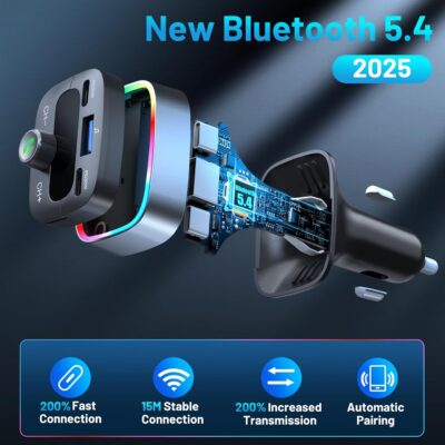 Bluetooth 5.4 Car Adapter 60W Charging USB Bluetooth Adapter for Car,Wireless Fm Transmitter Radio,Handsfree Calling and Audio Receiver,HiFi Music Player,7 Colors LED Backlit - Image 3
