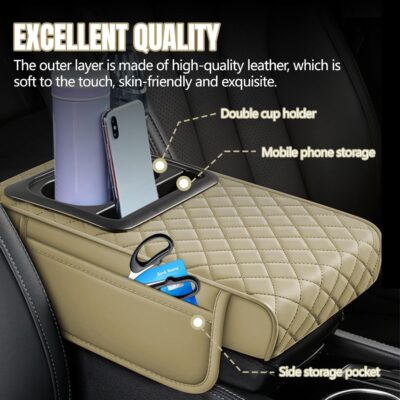 Hovom Car Center Console Cover, 13.39"×7.87"×2.76" Leather Armrest Cover for Cars, Memory Foam Armrest Pillow with Pocket, Cup Holder & Phone Slot, Universal Vehicle Arm Rest Cushion Pad (Beige) - Image 5