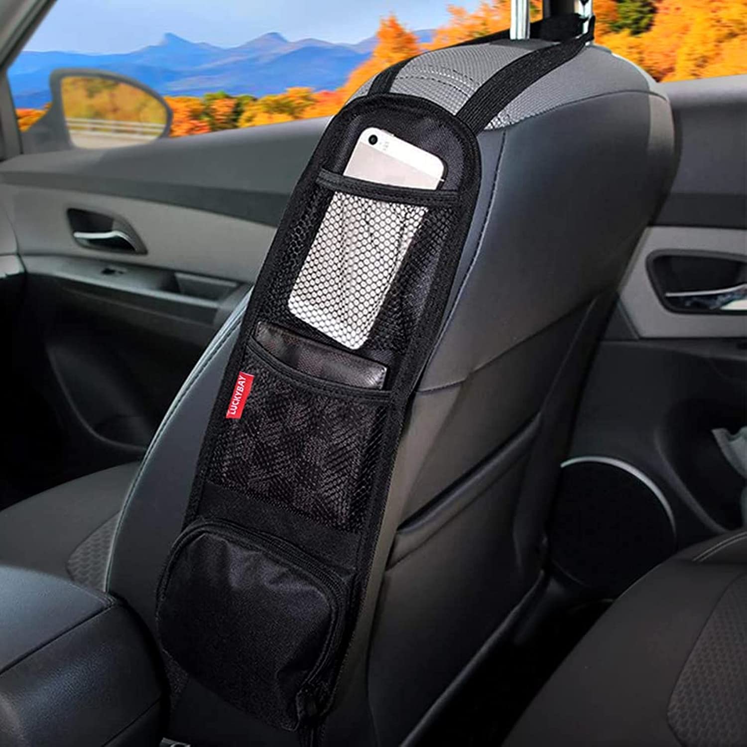 71qtCntytnL._SL1500_.jpg Luckybay Car Seat Side Organizer, Auto Seat Storage Hanging Bag, Phones, Drink, Stuff Holder with Mesh Pocket for Cars, SUV & Truck - Image 1