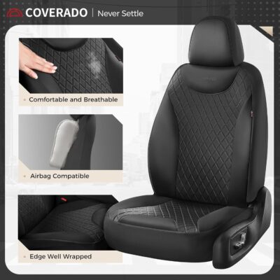 Coverado Seat Covers Full Set, 5 Seat Black Car Seat Covers, Leather Car Seat Protectors, Automotive Front and Back Seat Covers, Waterproof Car Seat Cushions Universal Fit for Most Sedan, SUV, Truck - Image 2