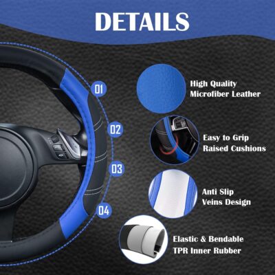 CAR PASS Line Rider Microfiber Leather Sporty Steering Wheel Cover Universal Fits for 95% Truck,SUV,Cars,14.5-15inch Anti-Slip Safety Comfortable Desgin (Black-Blue) - Image 3