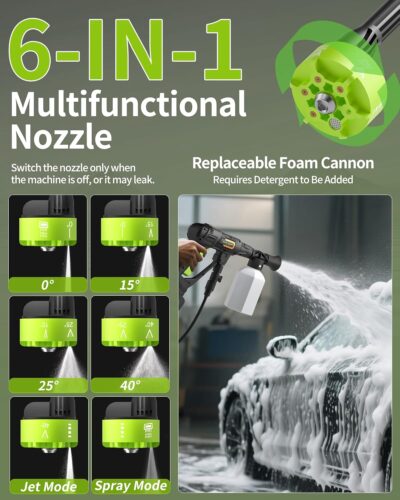 Cordless Pressure Washer Battery Powered; 990PSI Cordless Power Washer with 6-in-1 Nozzle, 23FT High-Elastic Hose, 21V Battery&Charger; Home Portable Handheld Pressure Washer Cleaner (EnduringGreen) - Image 4