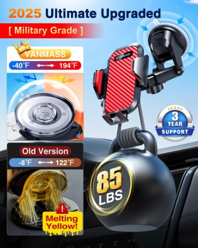 VANMASS Phone Holders for Your Car 2026 Ultimate Phone Mount Military-Grade Windshield Dashboard Vent【Newest Best Strongest】 Cell Phone Car Mount for iPhone 16 Pro Max 15 Samsung Android,Red - Image 3