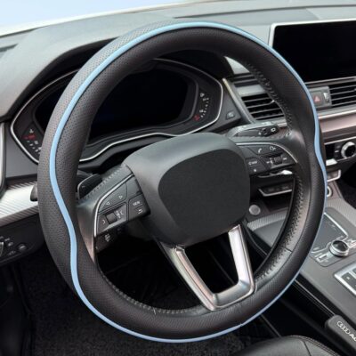 Leather Steering Wheel Cover， with Anti-Slip Stripe Design - Enhanced Grip, Fashion Style, Safe, Non-Slip, Breathable. Upgrade car Interior，Black Blue - Image 6