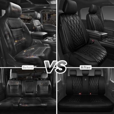 CAR PASS 5 Seats Piping Luxury Faux Leather Seat Covers Full Set, Anti-Slip Waterproof Seat Covers Compatible with Front Armrests, Universal Fit for Suvs,Vans,Trucks,Airbag Compatible, Pure Black - Image 6