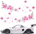 2 Sheets Cherry Blossom Car Decal, Cherry Blossom Vinyl Car Sticker Scratches Stickers Cars Decoration Vinyl Waterproof Sticker Flower Decals for Cars, Laptop, Wall, Window, Luggage and Bumper