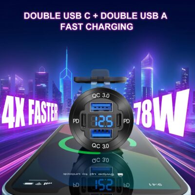 Upgraded 4 Port 12V USB Outlet Aluminum Charger, 78W Dual PD & QC Multiple USB Port for Car, USB C Cigarette Lighter Replacement 12 Volt Socket with Voltmeter Waterproof for Marine Boat Motorcycle RV - Image 2