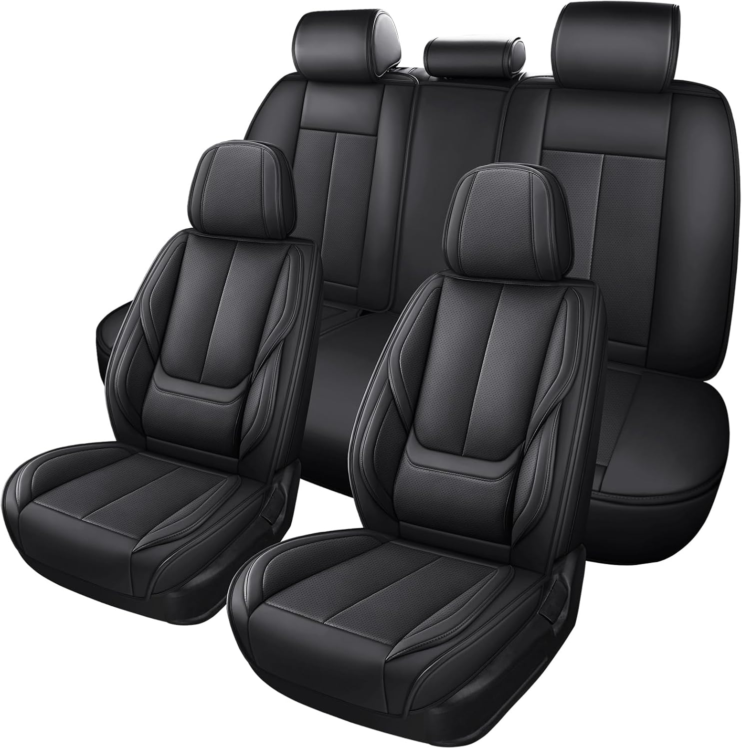 71rZC3vYvCL._AC_SL1500_.jpg Black Car Seat Cover with Lumbar Support, Car Seat Protector Waterproof, Nappa Leather Car Seat Cushion, Car Seat Covers Front Seats and Back Fit for Most Cars - Image 1