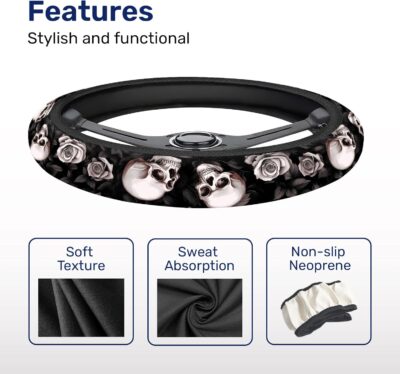 GENANY Skull Blossom Spring Steering Wheel Cover, Non-Slip Neoprene Car Steering Wheel Cover, Breathable Steering Wheel Covers, Sweat-Absorbing Accessories, Spring Auto Gifts - Image 4
