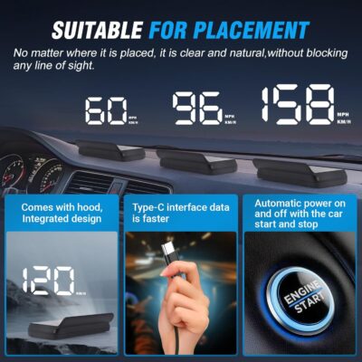 W2 Heads Up Display for Cars,Speedometer with Overspeed Alarm,Automatic Brightness Adjustment,Triple Over-Speed Alarm,LED Large Font,Built in Sun Visor,Plug & Play USB HUD Fit for All Vehicles(White) - Image 4