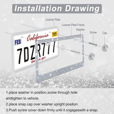 Amiss Bling License Plate Frame for Women, 2Pack Rhinestone Handcrafted Crystal Premium Stainless Steel, Stainless Steel Car Accessories with Diamond Sparkle Glitter Caps (White) - Image 5