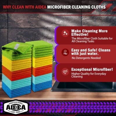 AIDEA Microfiber Cleaning Cloth, 50PK, Microfiber Towels for Cars, Premium Wash Cloths, Dusting Cloth Cleaning Rags, Absorbent Towels for SUVs, House, Kitchen, Window, Cleaning Supplies12×12" - Image 2