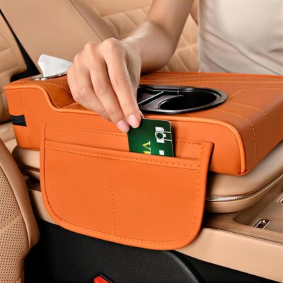 Universal Car Armrest Cover, Microfiber Leather Center Console Organizer with 2 Cup Holders, Tissue Pack & Side Storage Pockets, Black - Image 4