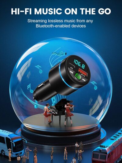 FM Transmitter for Car Bluetooth 5.3, [All-Metal] PD 30W & QC3.0 18W Fast Car Charger, Wireless FM Radio Kit Bluetooth Car Adapter, Noise Cancelling Hands-Free Call, Blue Light - Black - Image 4
