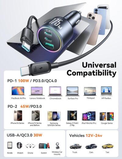 JOYROOM 175W Car Charger USB C Fast Charge [GaN] 3-Port Type C Super Fast Car Charger with USBC Cable, Car Cigarette Lighter Adapter for iPhone 17/16/15 Series, Galaxy S26/25, MacBook, iPad and More - Image 7