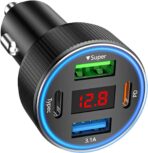 Car Charger USB C, 78W 4 Port Fast Charging Car Phone Charger Adapter, Dual USB-C & USB-A Cigarette Lighter Adapter with Voltmeter Vehicle Accessories for iPhone 17 16, iPad, Samsung, Android