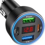 Car Charger USB C, 78W 4 Port Fast Charging Car Phone Charger Adapter, Dual USB-C & USB-A Cigarette Lighter Adapter with Voltmeter Vehicle Accessories for iPhone 17 16, iPad, Samsung, Android